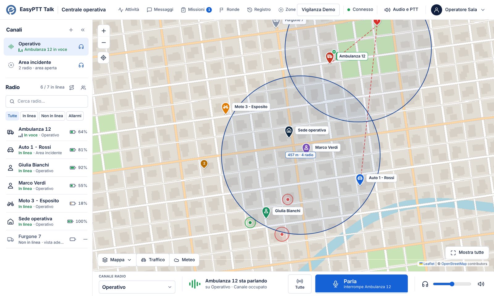 Gruppo temporaneo disegnato sulla mappa della centrale con il conteggio delle radio dentro l'area